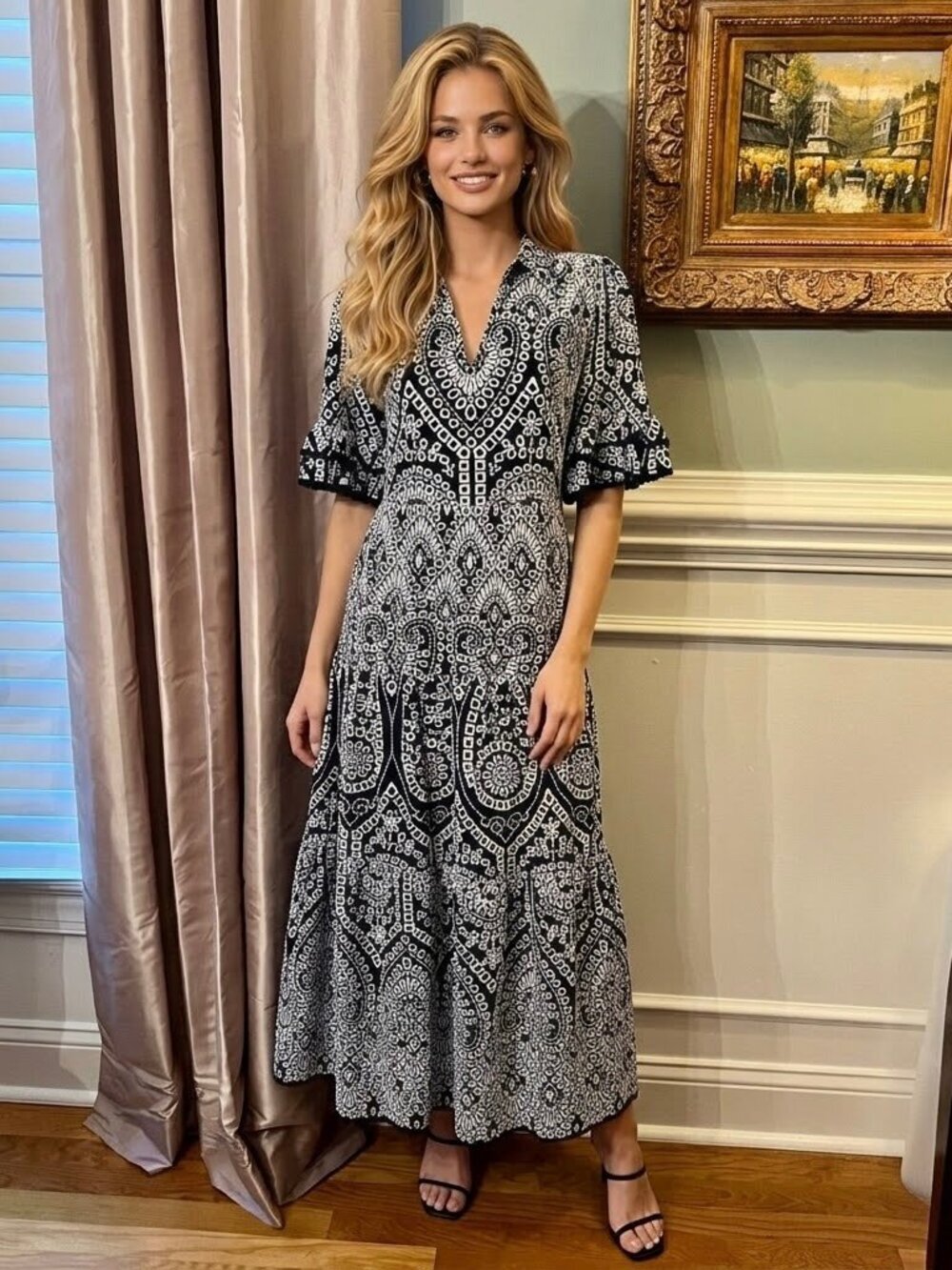 NWOT Chico's Navy & White Embroidered Tiered Eyelet Maxi Dress Size 0.5 or 6